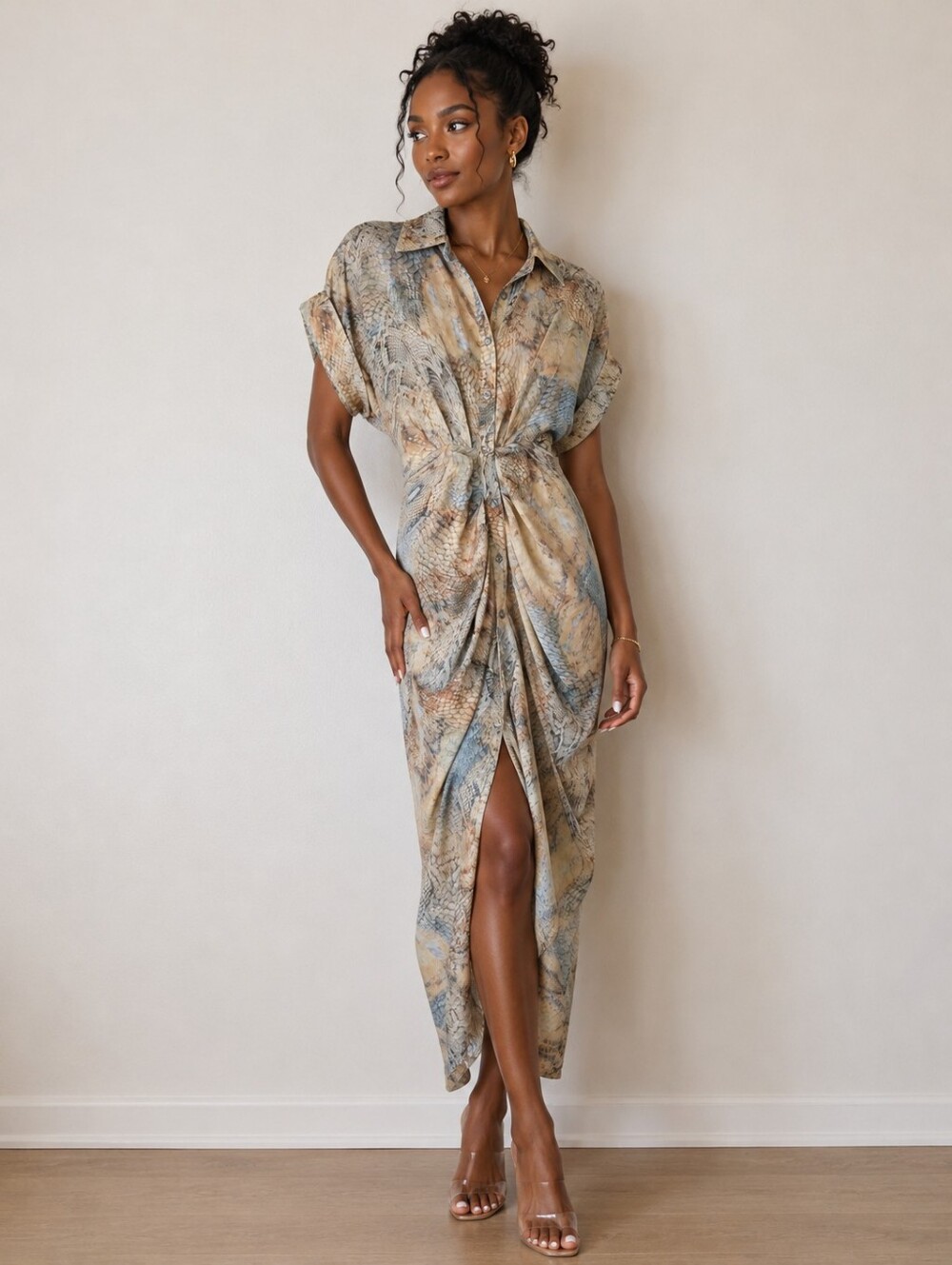 Steve Madden Button-Front Maxi Shirt Dress in Soft Neutral Print Size 0